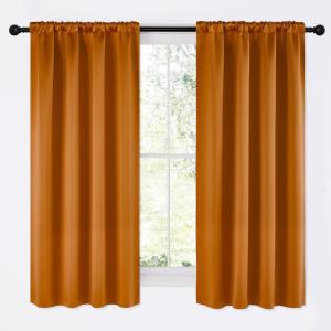 imageNICETOWN Room Darkening Cafe Satin Curtains for Small Windows 42quot Wide by 63quot Long 2 Panels Orange Rod Pocket Privacy Faux Silk Blackout Drapes for Bedroom