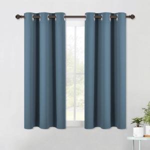 imageNICETOWN Smoky Blue Kitchen Blackout Short Curtain Panels for Bedroom 2 Panels W42 x L45 Inch Thermal Insulated Grommet Top Blackout Draperies and Drapes