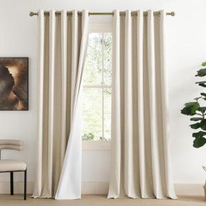 imageNICETOWN 100 Absolutely Blackout Linen Curtains with Thermal Insulated White Liner Beige W62 2 Pieces Noise Reducing Textured Linen Look Curtains for Windows 120 inch Length for Classroom