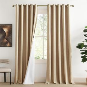 imageNICETOWN 100 Blackout Camel Linen Curtains 102 inches Length with Thermal Insulated Liners 2 Panels 62 inches W Farmhouse Style Room Cooling Small Window Draperies for Dining Room