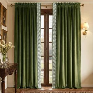 imageNICETOWN Dusty Pink Velvet Curtains and Drapes for Bedroom Home Decor Panels for Home TheatreFilm RoomStage Set of 2 Rod Pocket Design 84 inches Long1  Embroidered Trim  Olive Green
