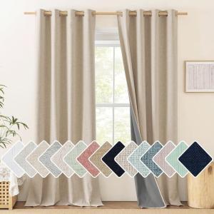 imageNICETOWN Full Blackout Oatmeal Linen Curtains 102 Length with Thermal Insulated Liners for Living Room 2 Panels 52 inches W Farmhouse Style Keep Warm Large Window Draperies for Hall