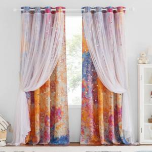 imageNICETOWN Girls Curtains for Bedroom Kids Room Decor White Mosquito Net amp Blackout Ombre Drapes Mix amp Match Star Cut Curtain Panels for Nursery Teal amp Purple Each is W52 x L84 Sold by 2 PCsYellow  Pink