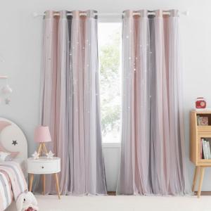 imageNICETOWN Girls Curtains for Bedroom Kids Room Decor White Mosquito Net amp Blackout Ombre Drapes Mix amp Match Star Cut Curtain Panels for Nursery Teal amp Purple Each is W52 x L84 Sold by 2 PCsMoon Star  Pink  Grey