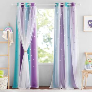 imageNICETOWN Kids Girls Bedroom Pink Curtains Star Cutout Blackout with White Sheer Pastel Nursery Window Curtain Panels for Thanksgiving Lavender Pink 2Pcs W52 x L84Teal  Purple