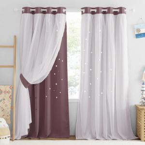 imageNICETOWN Kids Girls Bedroom Pink Curtains Star Cutout Blackout with White Sheer Pastel Nursery Window Curtain Panels for Thanksgiving Lavender Pink 2Pcs W52 x L84Dry Rose