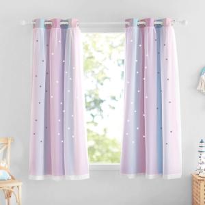 imageNICETOWN Kids Girls Bedroom Pink Curtains Star Cutout Blackout with White Sheer Pastel Nursery Window Curtain Panels for Thanksgiving Lavender Pink 2Pcs W52 x L84Purple  Blue  Pink