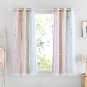 imageNICETOWN Kids Girls Bedroom Pink Curtains Star Cutout Blackout with White Sheer Pastel Nursery Window Curtain Panels for Thanksgiving Lavender Pink 2Pcs W52 x L84Rainbow1