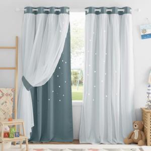 imageNICETOWN Kids Girls Bedroom Pink Curtains Star Cutout Blackout with White Sheer Pastel Nursery Window Curtain Panels for Thanksgiving Lavender Pink 2Pcs W52 x L84Stormy Sea