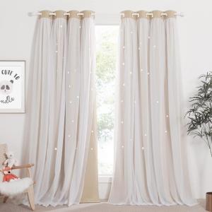 imageNICETOWN Kids Girls Bedroom Pink Curtains Star Cutout Blackout with White Sheer Pastel Nursery Window Curtain Panels for Thanksgiving Lavender Pink 2Pcs W52 x L84Biscotti Beige