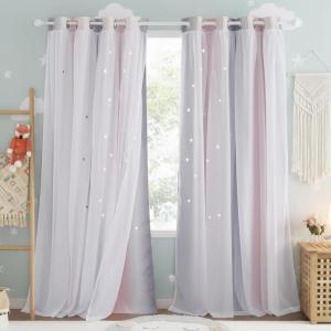 imageNICETOWN Kids Girls Bedroom Pink Curtains Star Cutout Blackout with White Sheer Pastel Nursery Window Curtain Panels for Thanksgiving Lavender Pink 2Pcs W52 x L84Pink  Grey