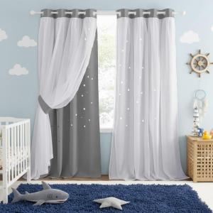imageNICETOWN Kids Girls Bedroom Pink Curtains Star Cutout Blackout with White Sheer Pastel Nursery Window Curtain Panels for Thanksgiving Lavender Pink 2Pcs W52 x L84Silver Grey