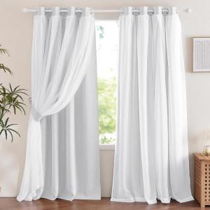 imageNICETOWN Kids Girls Bedroom Pink Curtains Star Cutout Blackout with White Sheer Pastel Nursery Window Curtain Panels for Thanksgiving Lavender Pink 2Pcs W52 x L84Faux Linen  Greyish White