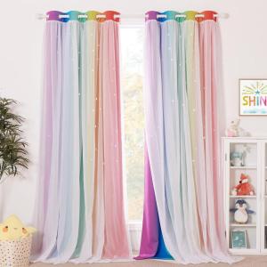imageNICETOWN Kids Girls Bedroom Pink Curtains Star Cutout Blackout with White Sheer Pastel Nursery Window Curtain Panels for Thanksgiving Lavender Pink 2Pcs W52 x L84Rainbow2