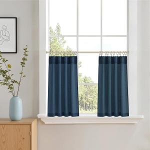 imageNICETOWN Kitchen Curtain Over Sink Window Set Farmhouse 24 Inch Length Small Bathroom Back Tab Pocket Linen Rustic Short Curtain Tier for Laundry Bay Window 55x24 Nautal Beige 1 PairNavy Blue