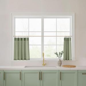 imageNICETOWN Kitchen Curtain Over Sink Window Set Farmhouse 24 Inch Length Small Bathroom Back Tab Pocket Linen Rustic Short Curtain Tier for Laundry Bay Window 55x24 Nautal Beige 1 PairSage Green