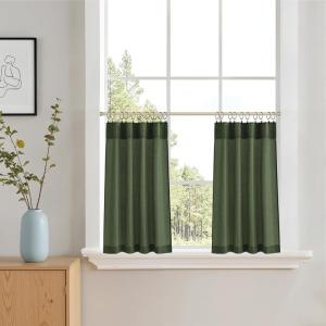 imageNICETOWN Kitchen Curtain Over Sink Window Set Farmhouse 24 Inch Length Small Bathroom Back Tab Pocket Linen Rustic Short Curtain Tier for Laundry Bay Window 55x24 Nautal Beige 1 PairForest Green