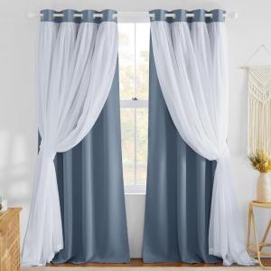 imageNICETOWN Nursery Blackout Curtains for Bedroom Living Room Crushed Sheer x Blackout Curtains 84 inches Long Farmhouse Curtains with Tie Backs for Kids 2 PCs W52 x L84 inch Biscotti BeigeStone Blue  White