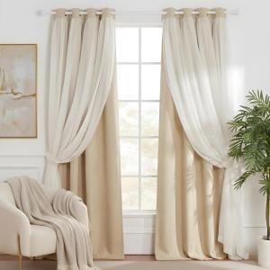 imageNICETOWN Nursery Blackout Curtains for Bedroom Living Room Crushed Sheer x Blackout Curtains 84 inches Long Farmhouse Curtains with Tie Backs for Kids 2 PCs W52 x L84 inch Biscotti BeigeBiscotti Beige