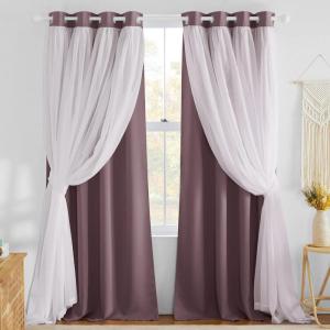 imageNICETOWN Nursery Blackout Curtains for Bedroom Living Room Crushed Sheer x Blackout Curtains 84 inches Long Farmhouse Curtains with Tie Backs for Kids 2 PCs W52 x L84 inch Biscotti BeigeDry Rose  White