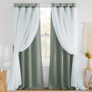 imageNICETOWN Nursery Blackout Curtains for Bedroom Living Room Crushed Sheer x Blackout Curtains 84 inches Long Farmhouse Curtains with Tie Backs for Kids 2 PCs W52 x L84 inch Biscotti BeigeSage Green  White