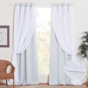 imageNICETOWN Nursery Blackout Curtains for Bedroom Living Room Crushed Sheer x Blackout Curtains 84 inches Long Farmhouse Curtains with Tie Backs for Kids 2 PCs W52 x L84 inch Biscotti BeigeWhite