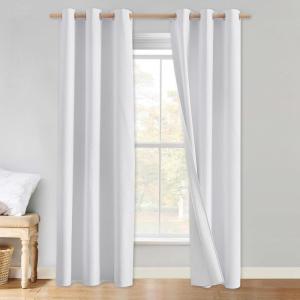 imageNICETOWN 100 Absolutely Blackout Linen Curtains with Thermal Insulated White Liner White 34 inches Wide 90 inches Length Energy Saving Curtains for Living Room 2 Panels Set Vertical Blinds