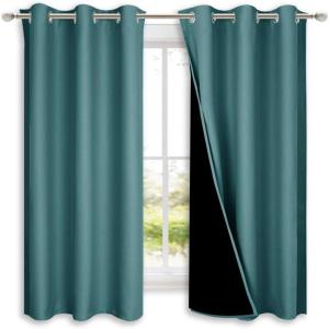 imageNICETOWN 100 Blackout Short Curtains with Black Liners 2 Panels 37 W by 63 L Sea Teal Solid Thermal Insulated Full Blackout 2Layer Lined Drapes Energy Efficiency Window Draperies for Bedroom