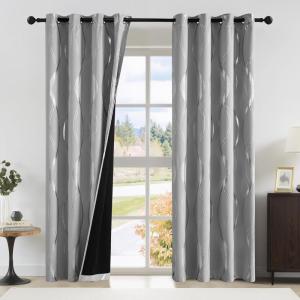 imageNICETOWN Blackout Short Curtains Panels for Bedroom Microfiber Noise Reducing Thermal Insulated Wave Line Foil Print Design Drapes for Office Classroom Stone Blue 2 Panels 52 x 54 Inch100 Blackout  Silver Grey