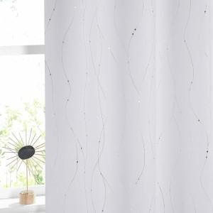 imageNICETOWN Blackout Short Curtains Panels for Bedroom Microfiber Noise Reducing Thermal Insulated Wave Line Foil Print Design Drapes for Office Classroom Stone Blue 2 Panels 52 x 54 InchGreyish White