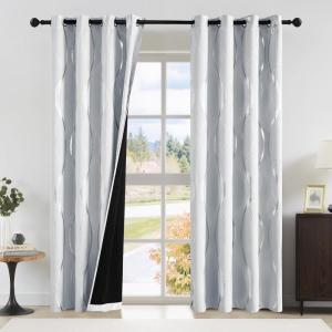 imageNICETOWN Blackout Short Curtains Panels for Bedroom Microfiber Noise Reducing Thermal Insulated Wave Line Foil Print Design Drapes for Office Classroom Stone Blue 2 Panels 52 x 54 Inch100 Blackout  Greyish White