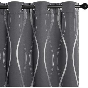 imageNICETOWN Blackout Short Curtains Panels for Bedroom Microfiber Noise Reducing Thermal Insulated Wave Line Foil Print Design Drapes for Office Classroom Stone Blue 2 Panels 52 x 54 Inch1  Grey