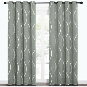 imageNICETOWN Blackout Short Curtains Panels for Bedroom Microfiber Noise Reducing Thermal Insulated Wave Line Foil Print Design Drapes for Office Classroom Stone Blue 2 Panels 52 x 54 Inch1  Greyish Green