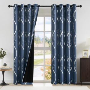 imageNICETOWN Blackout Short Curtains Panels for Bedroom Microfiber Noise Reducing Thermal Insulated Wave Line Foil Print Design Drapes for Office Classroom Stone Blue 2 Panels 52 x 54 Inch100 Blackout  Stone Blue