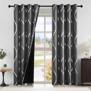 imageNICETOWN Blackout Short Curtains Panels for Bedroom Microfiber Noise Reducing Thermal Insulated Wave Line Foil Print Design Drapes for Office Classroom Stone Blue 2 Panels 52 x 54 Inch100 Blackout  Grey