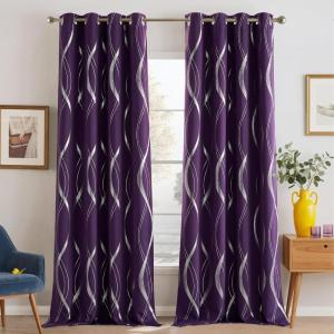 imageNICETOWN Blackout Short Curtains Panels for Bedroom Microfiber Noise Reducing Thermal Insulated Wave Line Foil Print Design Drapes for Office Classroom Stone Blue 2 Panels 52 x 54 Inch1  Royal Purple