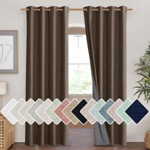 imageNICETOWN Coffee Vintage Linen 100 Blackout Curtains for Living Room Thermal Insulated Curtains 90 Long Noise Reducing Window Treatment Drapes for Home Cinema 52 Wide Per Panel Set of 2