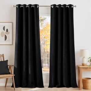 imageNICETOWN Faux Linen Black Blackout Curtains 84 inches Long for Living Room  Privacy Panels for Bedroom Modern Farmhouse Style Easy Care Grommet Top 2 Panels W52 by L84