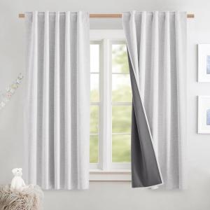 imageNICETOWN Natural Full Blackout Back Tab Linen Curtains 84 Long 2 Panels BohoChic Thick Linen Blend Drapes for Bedroom Thermal Insulated Window Covers with White Backing for Cafe Bar 42 WideGreyish White