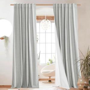 imageNICETOWN Natural Full Blackout Back Tab Linen Curtains 84 Long 2 Panels BohoChic Thick Linen Blend Drapes for Bedroom Thermal Insulated Window Covers with White Backing for Cafe Bar 42 WideGrey