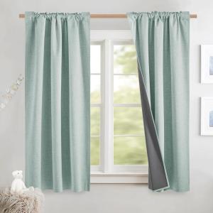 imageNICETOWN Natural Full Blackout Back Tab Linen Curtains 84 Long 2 Panels BohoChic Thick Linen Blend Drapes for Bedroom Thermal Insulated Window Covers with White Backing for Cafe Bar 42 WideSeafoam Green