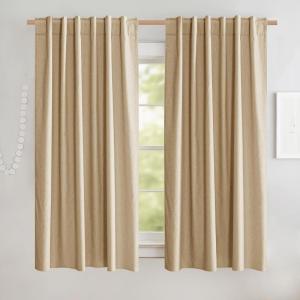 imageNICETOWN Natural Full Blackout Back Tab Linen Curtains 84 Long 2 Panels BohoChic Thick Linen Blend Drapes for Bedroom Thermal Insulated Window Covers with White Backing for Cafe Bar 42 WideCamel