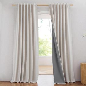 imageNICETOWN Natural Full Blackout Back Tab Linen Curtains 84 Long 2 Panels BohoChic Thick Linen Blend Drapes for Bedroom Thermal Insulated Window Covers with White Backing for Cafe Bar 42 WideBrich