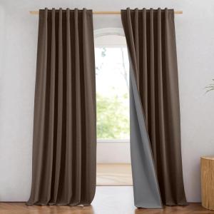 imageNICETOWN Natural Full Blackout Back Tab Linen Curtains 84 Long 2 Panels BohoChic Thick Linen Blend Drapes for Bedroom Thermal Insulated Window Covers with White Backing for Cafe Bar 42 WideCoffee
