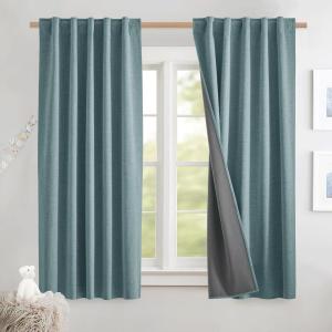 imageNICETOWN Natural Full Blackout Back Tab Linen Curtains 84 Long 2 Panels BohoChic Thick Linen Blend Drapes for Bedroom Thermal Insulated Window Covers with White Backing for Cafe Bar 42 WideSkylark Blue