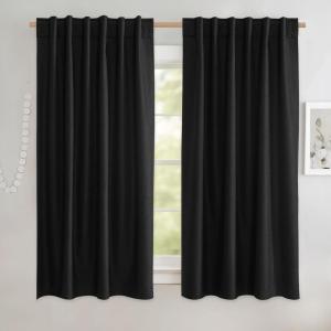 imageNICETOWN Natural Full Blackout Back Tab Linen Curtains 84 Long 2 Panels BohoChic Thick Linen Blend Drapes for Bedroom Thermal Insulated Window Covers with White Backing for Cafe Bar 42 WideBlack