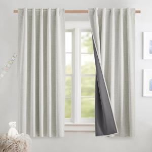 imageNICETOWN Natural Full Blackout Back Tab Linen Curtains 84 Long 2 Panels BohoChic Thick Linen Blend Drapes for Bedroom Thermal Insulated Window Covers with White Backing for Cafe Bar 42 WideSnowbound