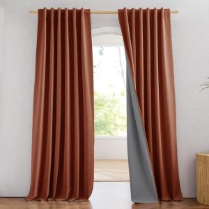 imageNICETOWN Natural Full Blackout Back Tab Linen Curtains 84 Long 2 Panels BohoChic Thick Linen Blend Drapes for Bedroom Thermal Insulated Window Covers with White Backing for Cafe Bar 42 WideBurnt Orange