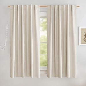 imageNICETOWN Natural Full Blackout Back Tab Linen Curtains 84 Long 2 Panels BohoChic Thick Linen Blend Drapes for Bedroom Thermal Insulated Window Covers with White Backing for Cafe Bar 42 WideBeige