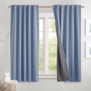 imageNICETOWN Natural Full Blackout Back Tab Linen Curtains 84 Long 2 Panels BohoChic Thick Linen Blend Drapes for Bedroom Thermal Insulated Window Covers with White Backing for Cafe Bar 42 WideStone Blue